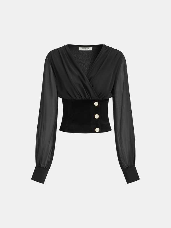 Velvet-Cinched V-Neck Chiffon Paneled Cropped Blouse