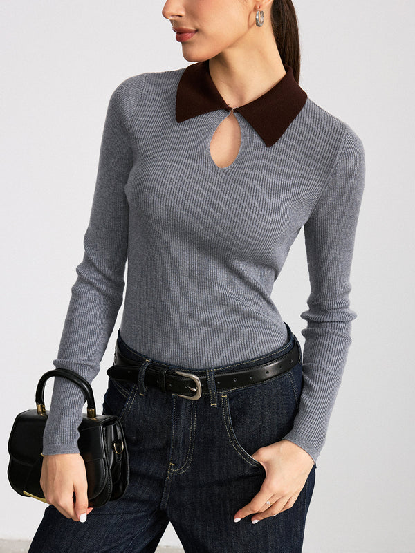 Contrast Collar Wool Blend Ribbed Knit Top