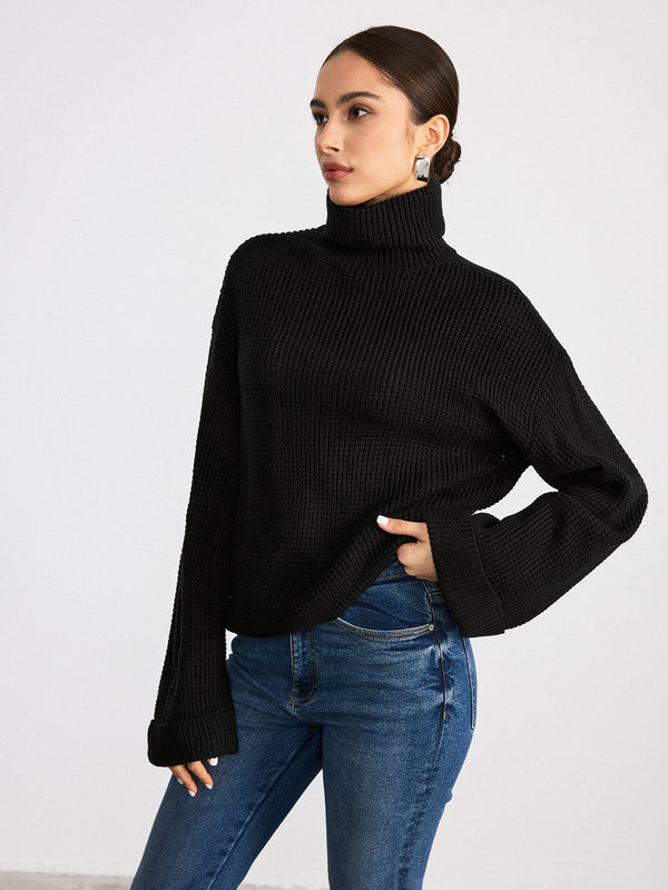 Turtleneck Waffle-Knit Flared Sleeve Sweater