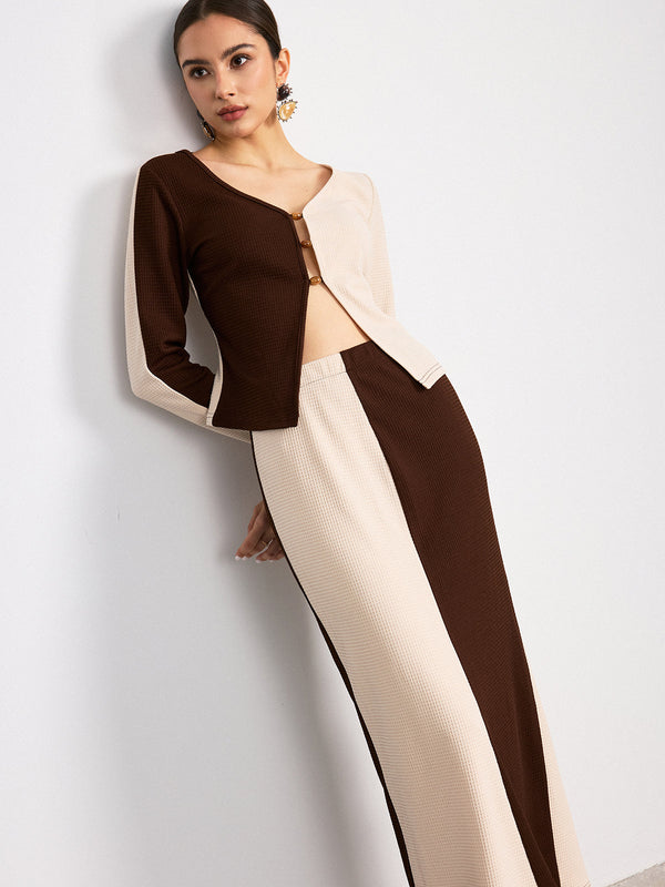 İki Renkli Waffle Örgü Üst ve Etek Takımı 