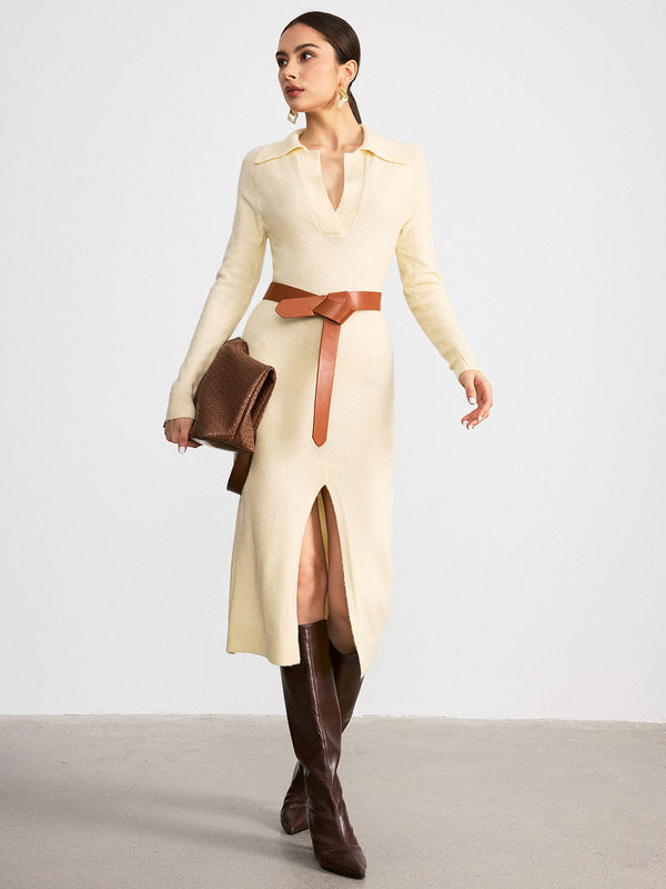 Collared Split-Hem Belted Knit Midi Dress