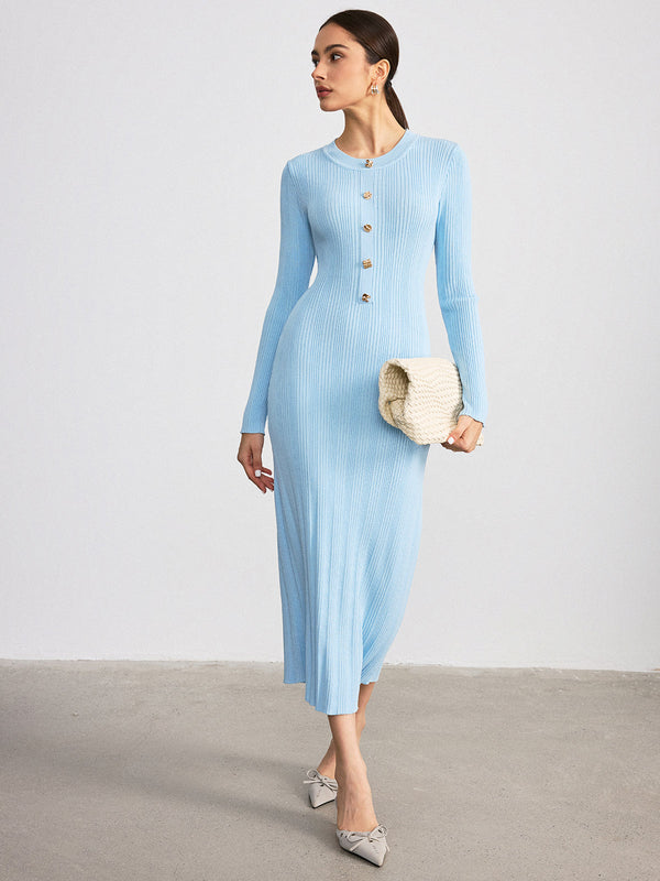 Metal Detaylı Ribanalı Örme Uzun Elbise