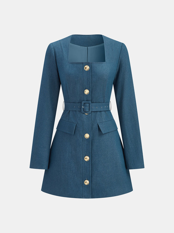 Kare Yaka Kemerli Metal Düğmeli Mini Elbise 