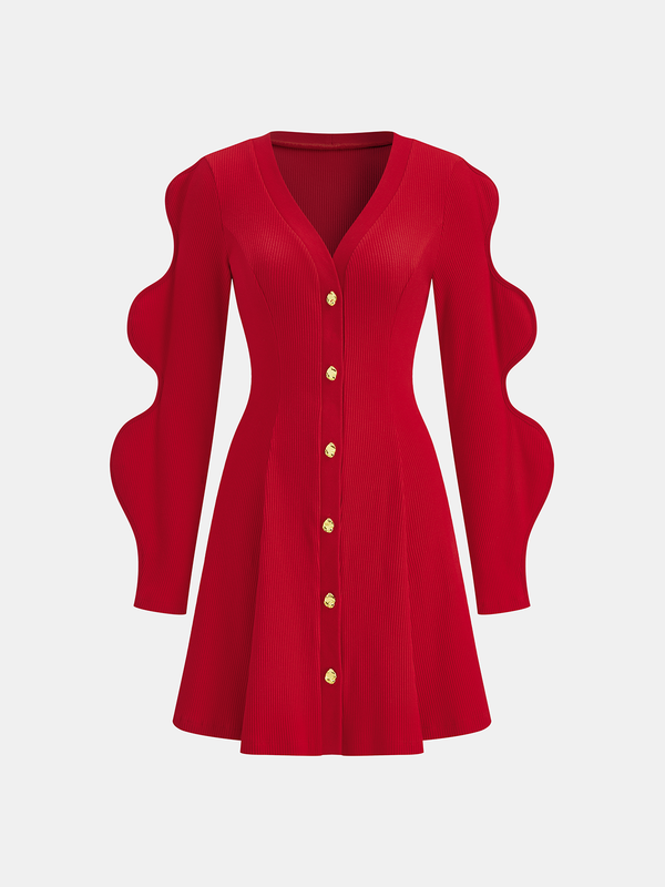 Taraklı Kollu Düğmeli Ribana Örgü Mini Elbise 