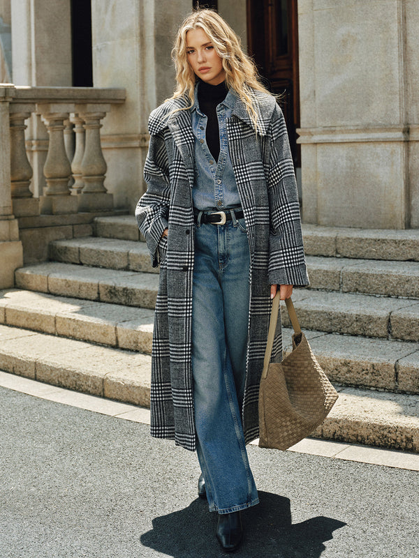 Kemerli Ekose Tweed Uzun Palto 