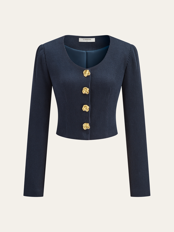 Kaburgalı Yuvarlak Yaka Metal Düğmeli Bluz 