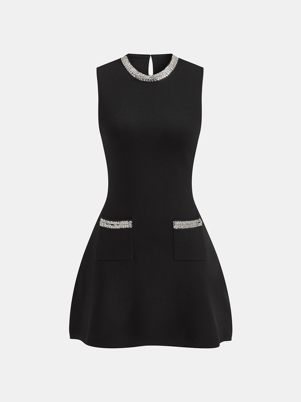 Payetli Süslemeli Kolsuz Kloş Elbise 