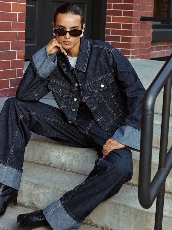 Manşetli Kollu Kot Ceket 