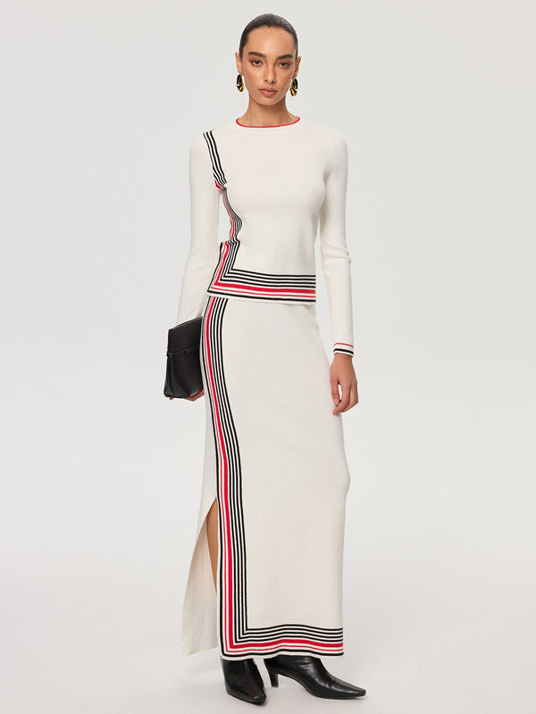 Striped Wool-Blend Slit Maxi Skirt