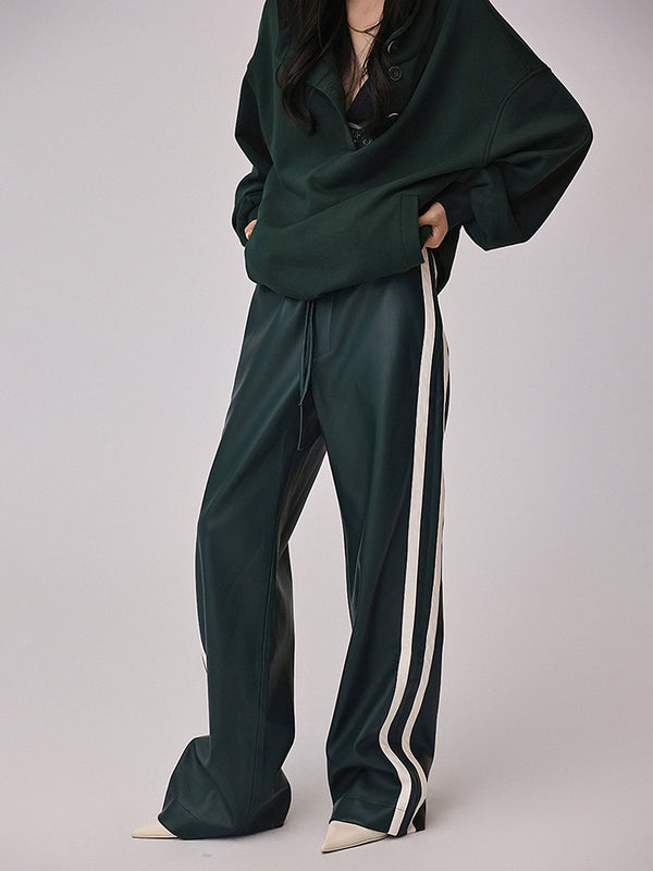 Çizgili Yüksek Bel PU Deri Bağcıklı Pantolon 