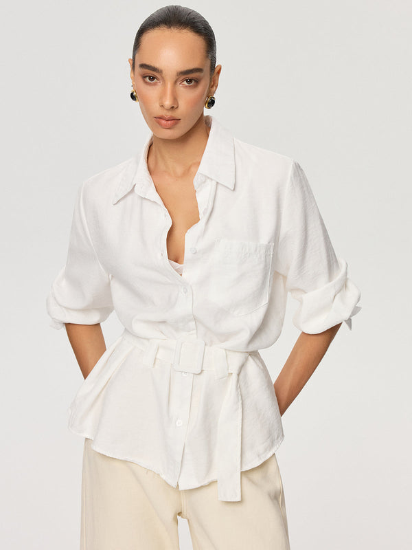 Long Sleeve Belted Cotton Shirt