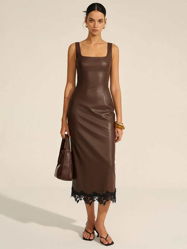Lace Trim PU Leather Sleeveless Maxi Dress