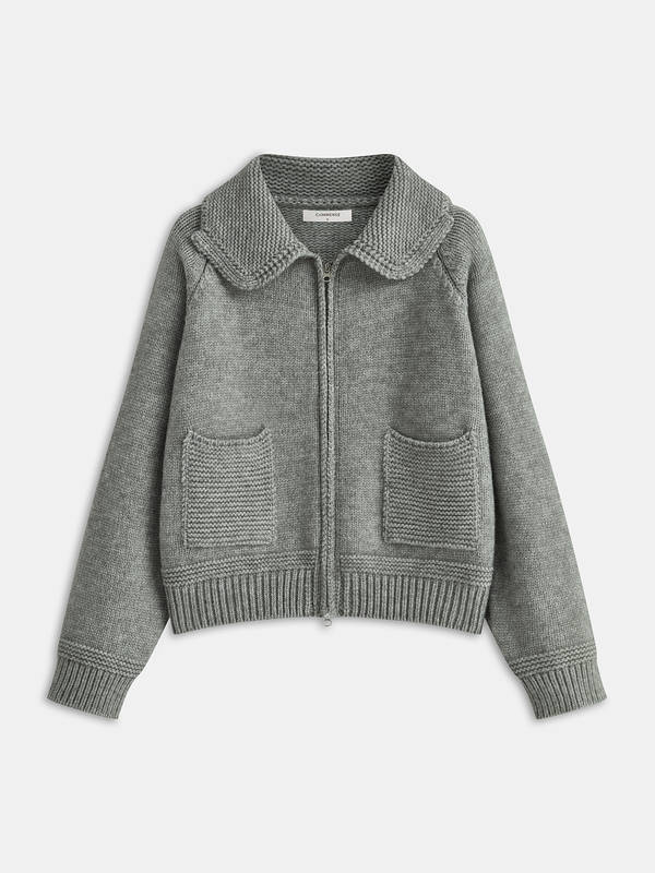 Lapel Zip-Up Knit Cardigan
