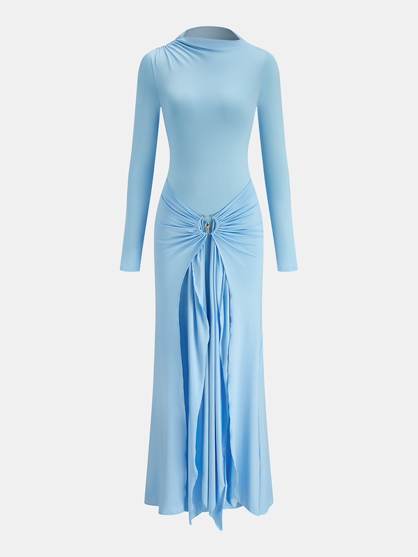 Metal Halka Drapeli Uzun Kollu Maksi Elbise