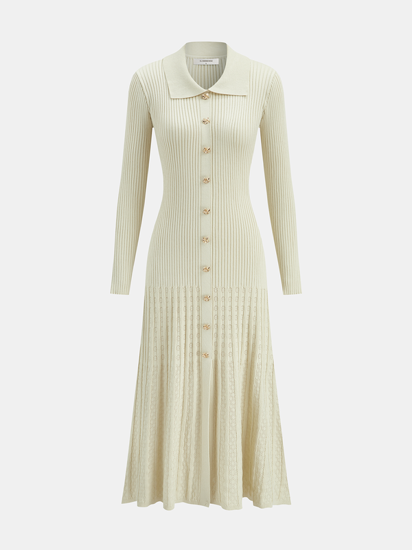 Metal Düğmeli Kaburga Örgü Gömlek Elbise 