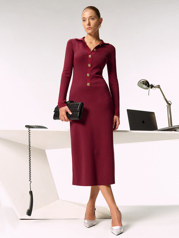 Gömlek Yaka Metal Düğmeli Örme Uzun Elbise 