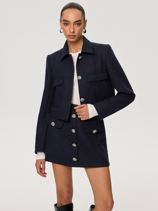 Metal Düğmeli Tweed Yaka Ceket 