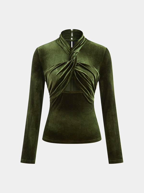 Velvet Twist Front Cut-Out Long Sleeve Blouse