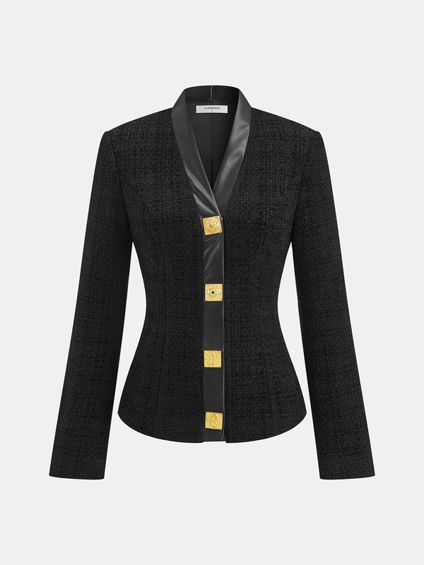 Suni Deri Kaplamalı Metal Düğmeli Tweed Blazer 