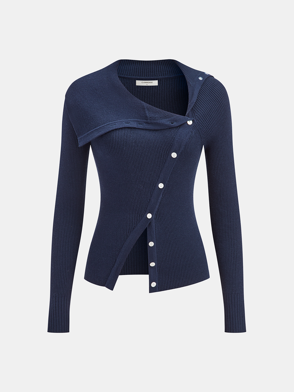 Asimetrik Yakalı Düğmeli Ön Örgü Üst 