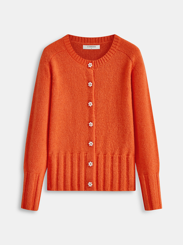 Çiçek Düğmeli Yün Karışımlı Hırka