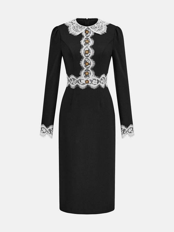 Lace Paneled Collared Long Sleeve Midi Dress