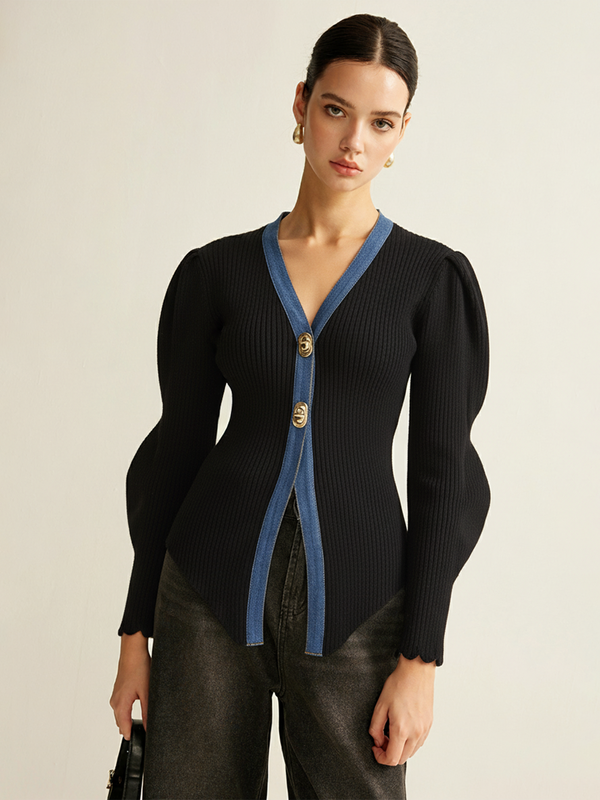 Taraklı Kollu Kot Panelli Ribanalı Hırka 