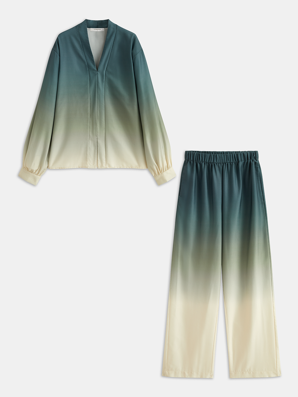 Ombre V Yaka Bluz ve Günlük Pantolon Takımı 