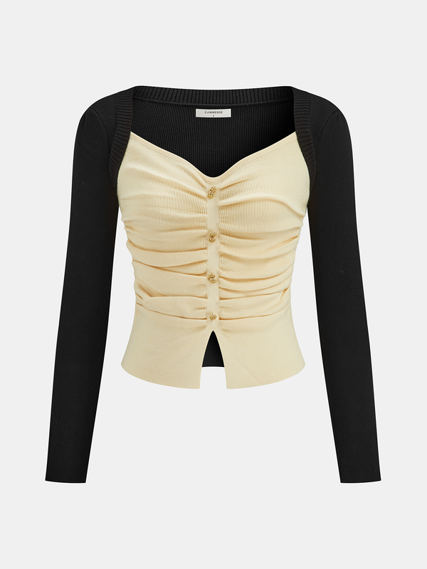 Color-Block Ruched Button Front Knit Top