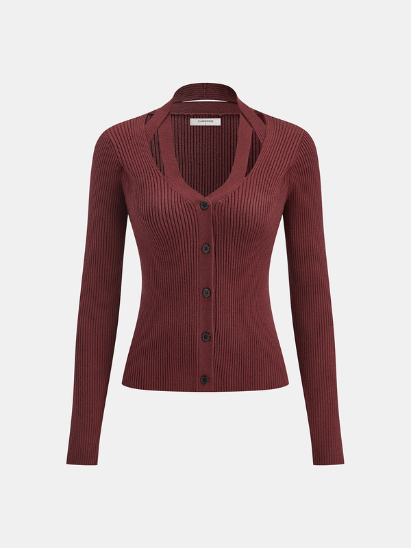 Halter Yaka Önü Düğmeli Kaburga Kazak 