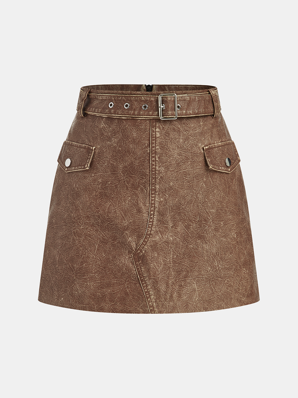 Suni Deri Kemerli Mini Etek 