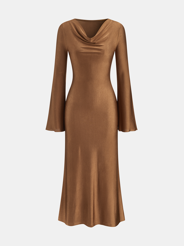 Kapüşonlu Yaka Geniş Kollu Uzun Elbise 