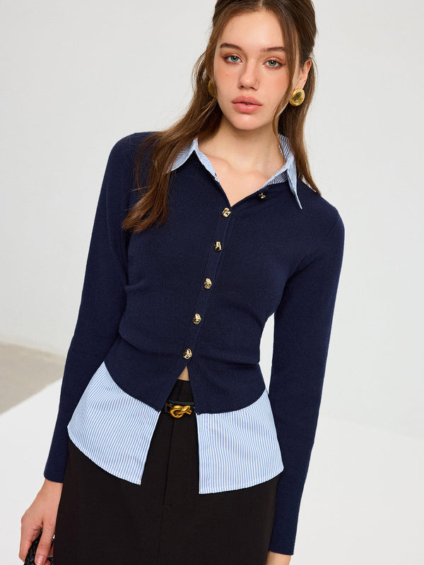 Çizgili Gömlek Paneli Metal Düğmeli Örgü Üst 