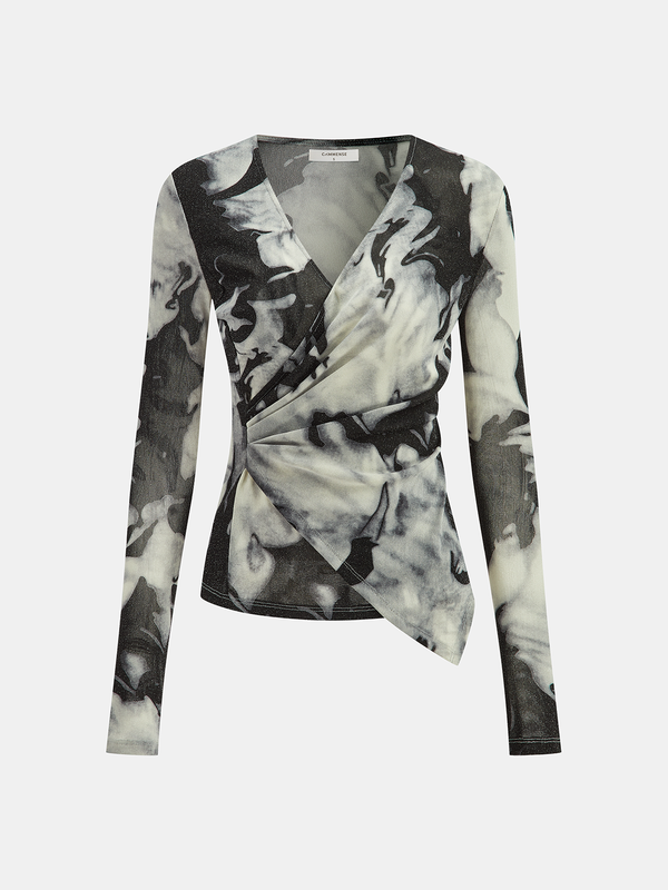 Yarı Şeffaf Uzun Kollu File Mermer Desenli Sarma Bluz 