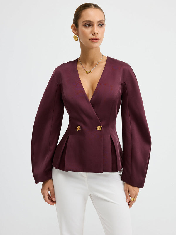 Metal Düğmeli Puf Kollu Peplum Blazer 