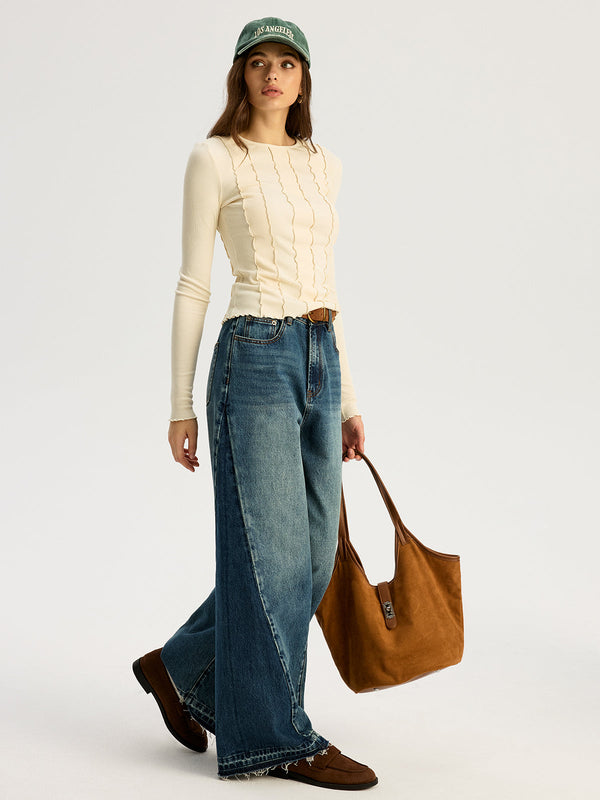 Low Rise Two Tone Ultra Wide Leg Jeans