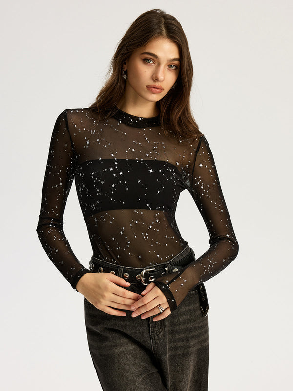 Glitter Star Sheer Mesh Long-Sleeve Bodysuit