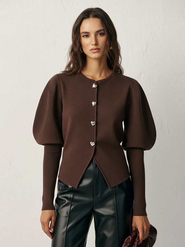 Koyun Paçası Kollu Kalp Düğmeli Yün Karışımlı Hırka 