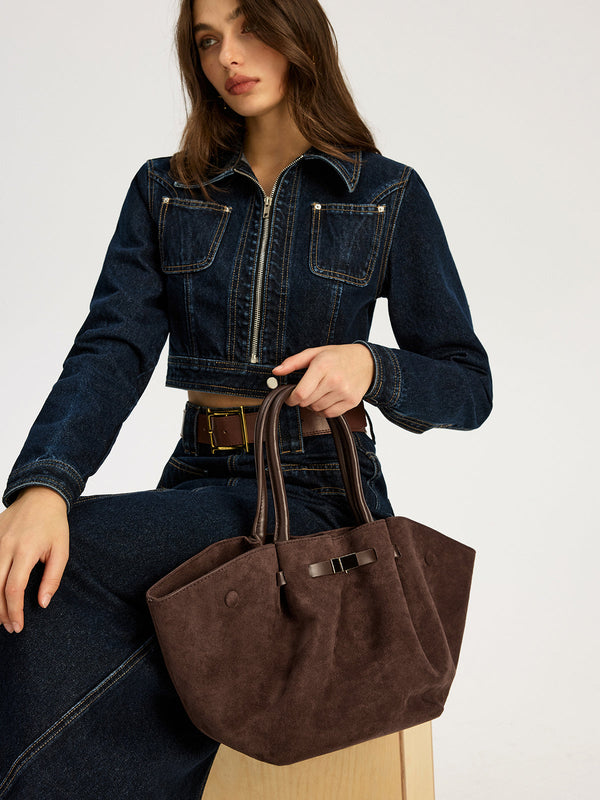 Suede Leather-Trimmed Tote Bag