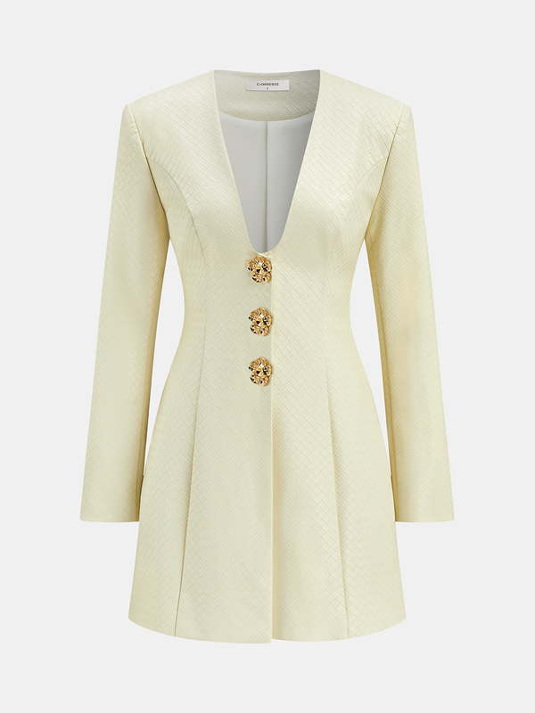 Çiçekli Metal Düğmeli Suni Deri Mini Elbise