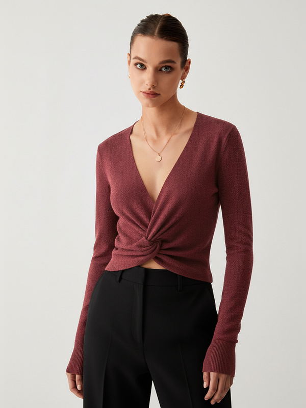 V-Neck Twist-Front Sweater