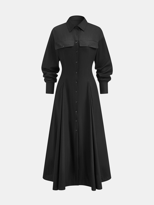 Pileli Ön Düğmeli Gömlek Elbise 