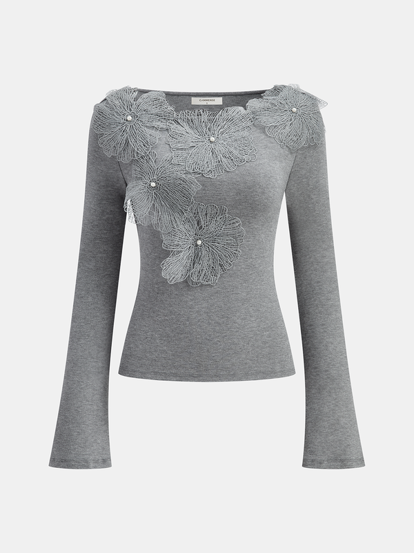 Sahte İnci Dekorlu 3D Çiçekli Dar Kesim Yumuşak Örgü Üst 