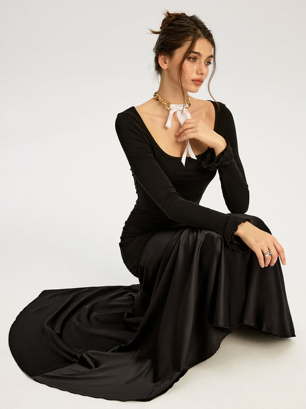 Saten Panelli Jersey Kare Yaka Uzun Elbise 