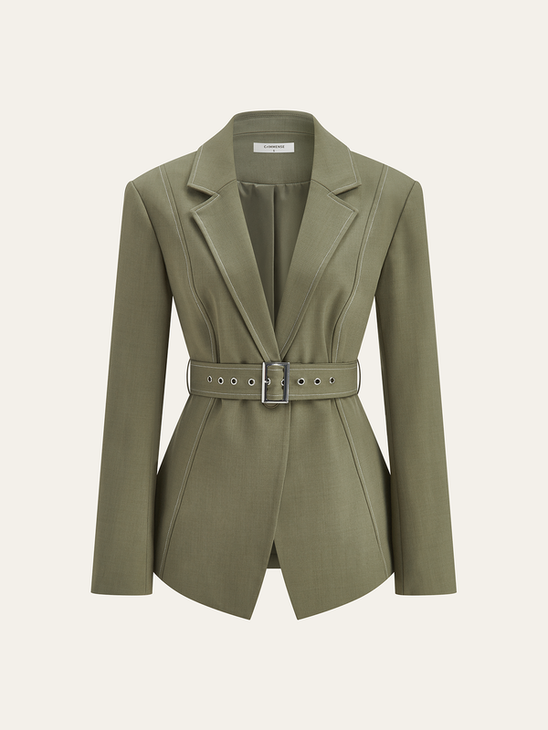 Contrast-Stitch Belted Casual Blazer