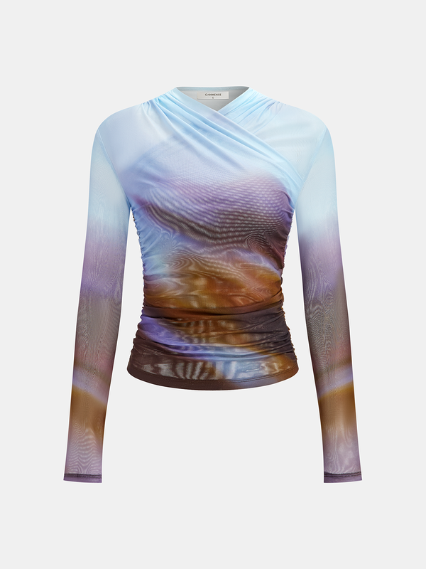 Çapraz Baskılı File Uzun Kollu Üst 