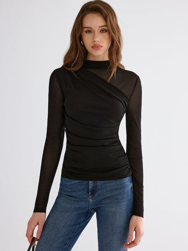 Mesh Paneled Ruched Long Sleeve Knit Top