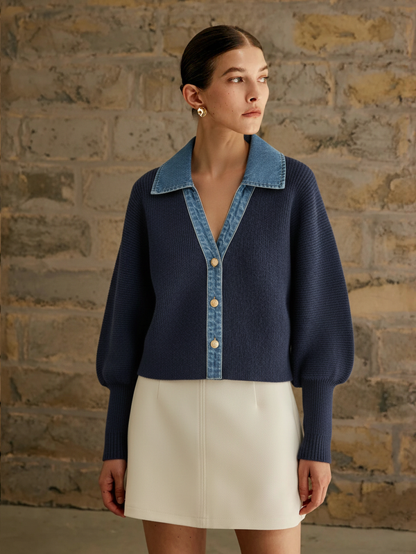 Leg-Of-Mutton Sleeve Denim Panel Knit Cardigan