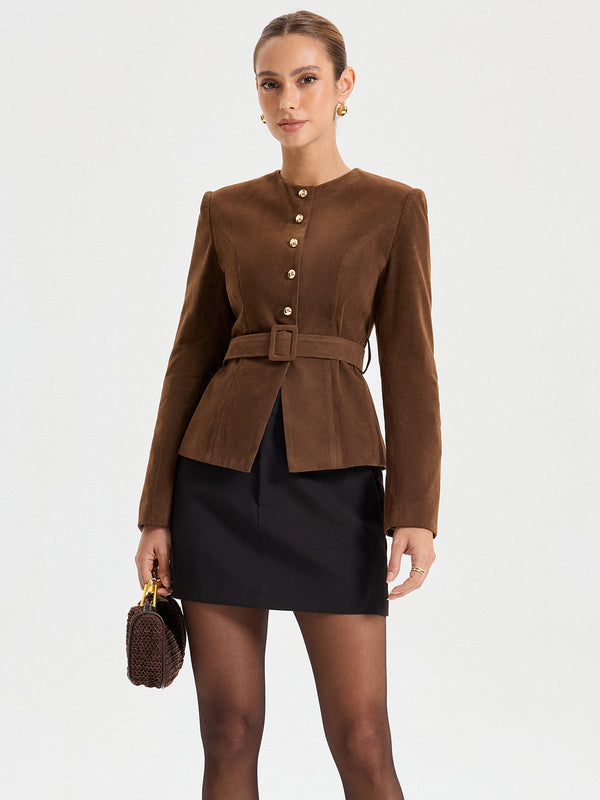 Suede Round Neckline Metal Button Blazer With Belt